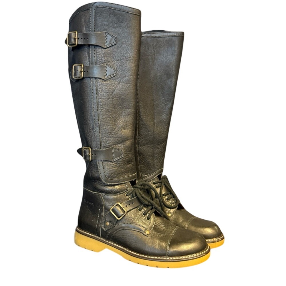 See By Chloé Tall Moto Combat Boots Women's EU 36 US5.5 Black Leather Chunky Lug